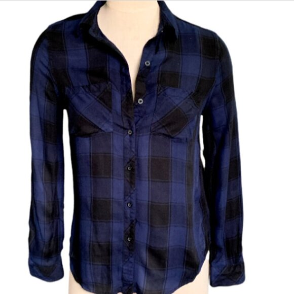 ANA Buffalo Plaid Button Front Shirt Sz XS Blue & Black #63G - Picture 1 of 9